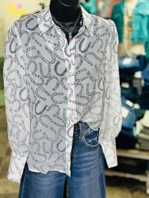 Shop Envi Me tops The Cowgirl Lucky Horseshoes Spring Button Up Top