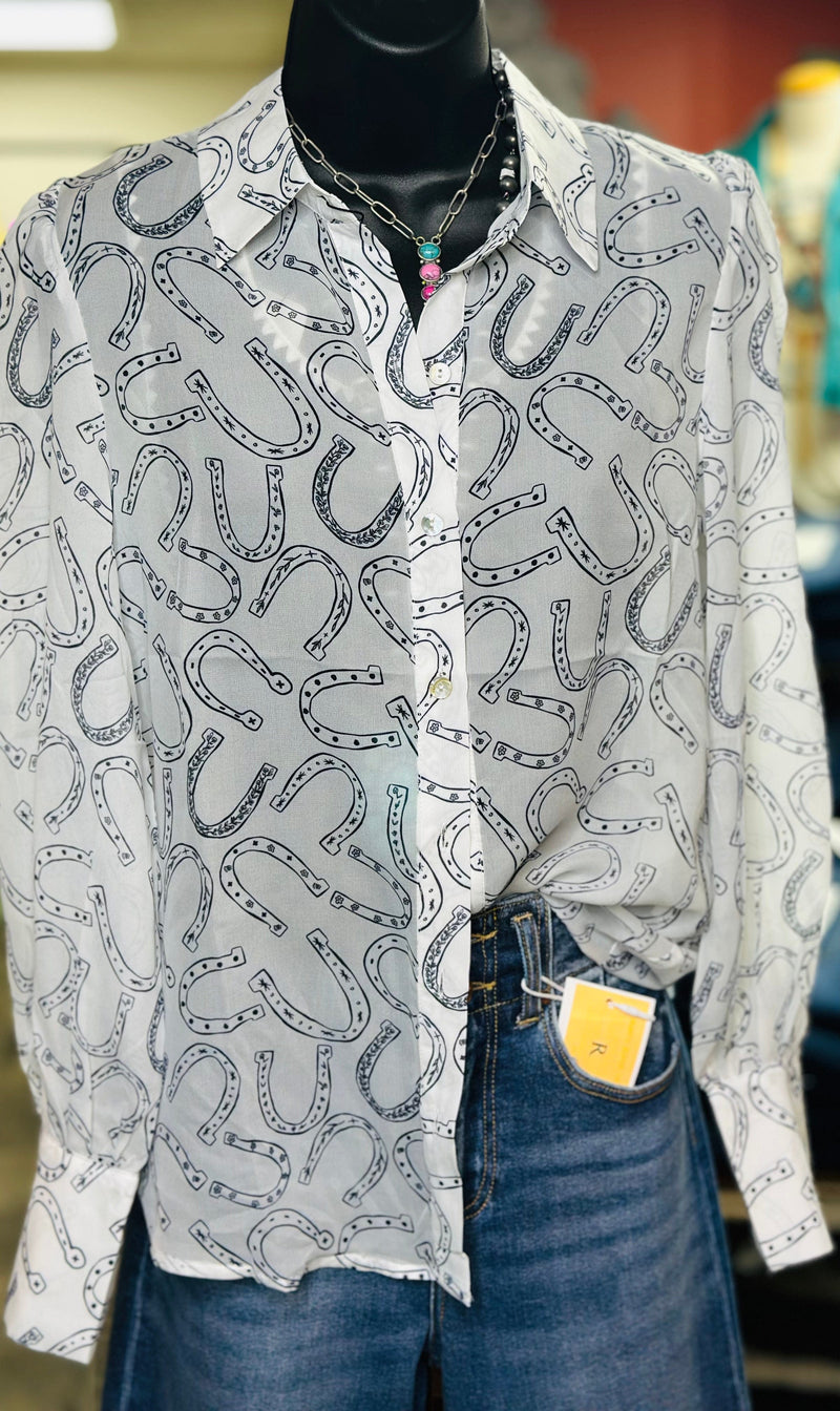 Shop Envi Me tops The Cowgirl Lucky Horseshoes Spring Button Up Top