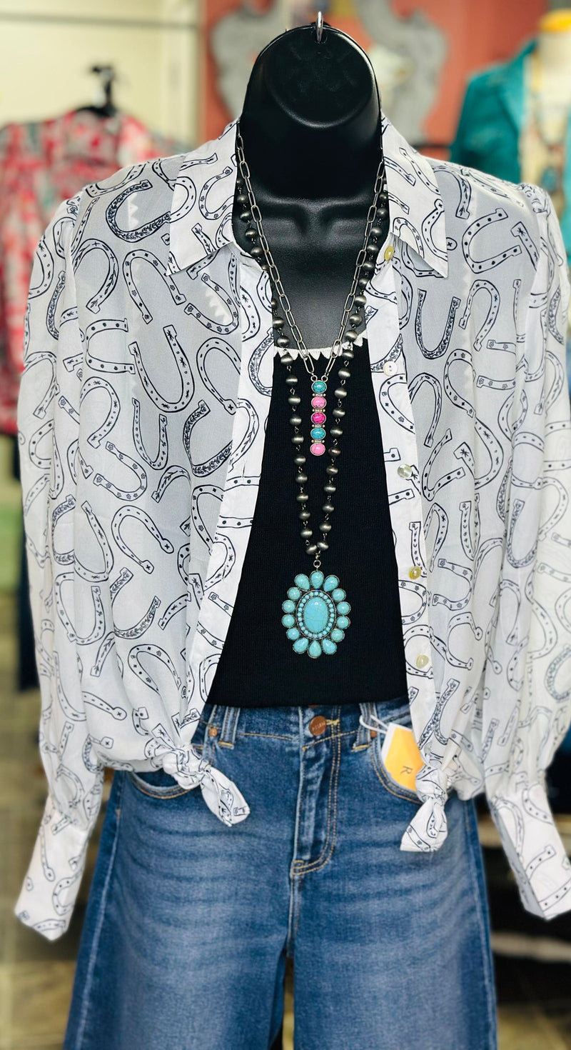 Shop Envi Me tops The Cowgirl Lucky Horseshoes Spring Button Up Top