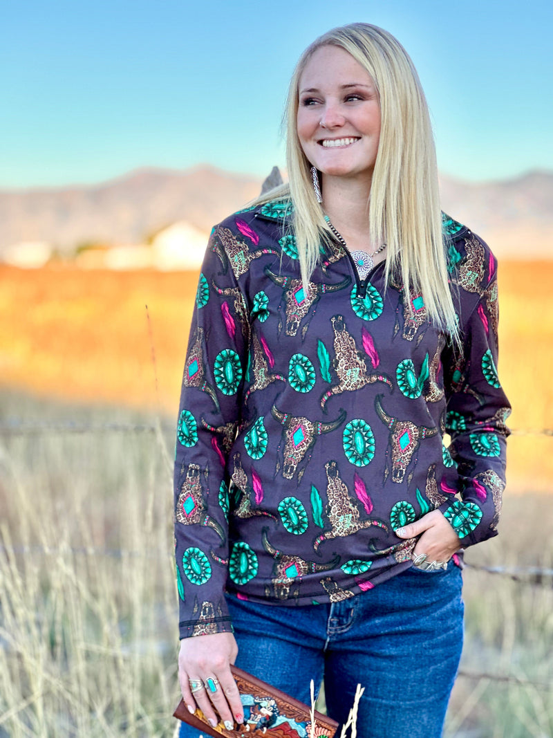 Shop Envi Me Tops and Tunics The Cowgirl Out West Wild Thing Half Zip Pullover