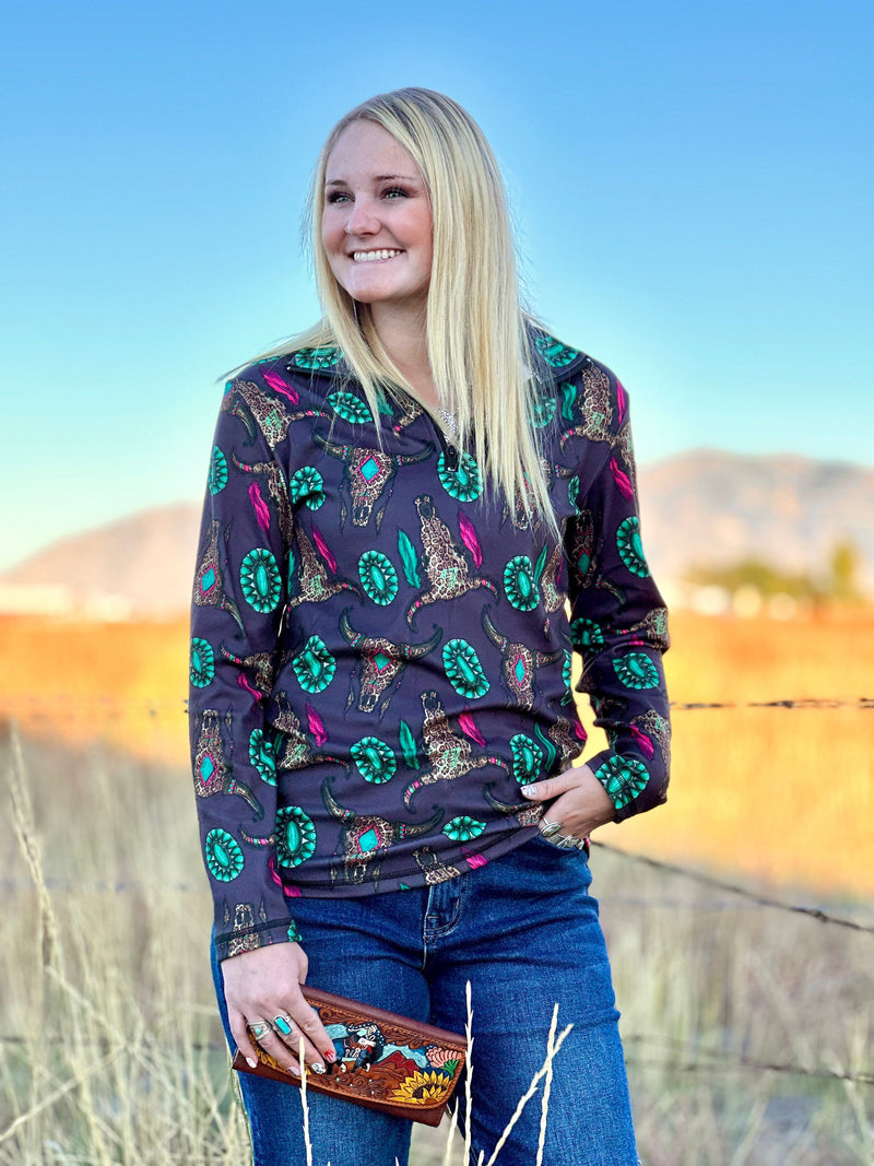 Shop Envi Me Tops and Tunics The Cowgirl Out West Wild Thing Half Zip Pullover