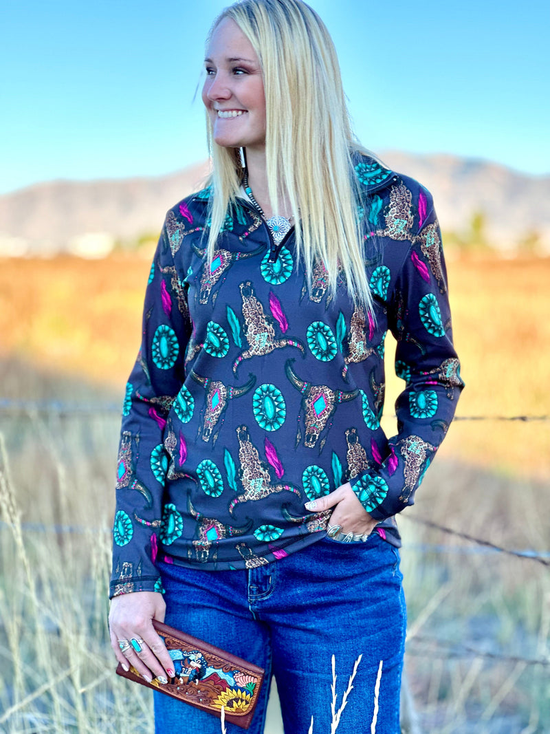 Shop Envi Me Tops and Tunics The Cowgirl Out West Wild Thing Half Zip Pullover