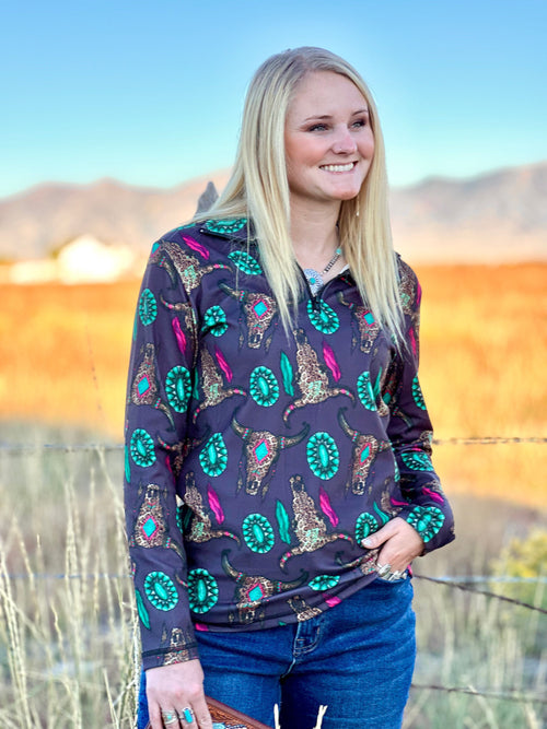 Shop Envi Me Tops and Tunics The Cowgirl Out West Wild Thing Half Zip Pullover