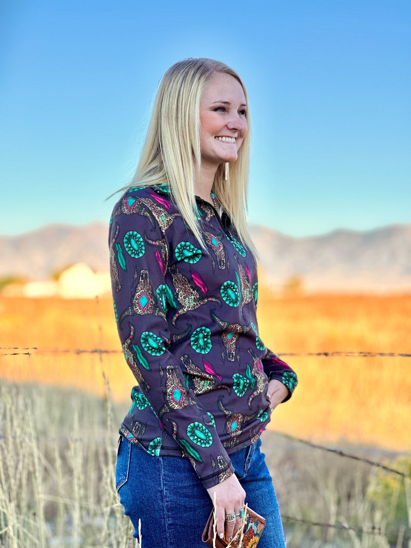 Shop Envi Me Tops and Tunics The Cowgirl Out West Wild Thing Half Zip Pullover