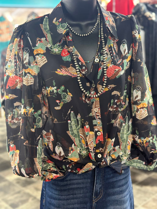 Shop Envi Me tops The Cowgirl Wagon Train Black Button Up Top