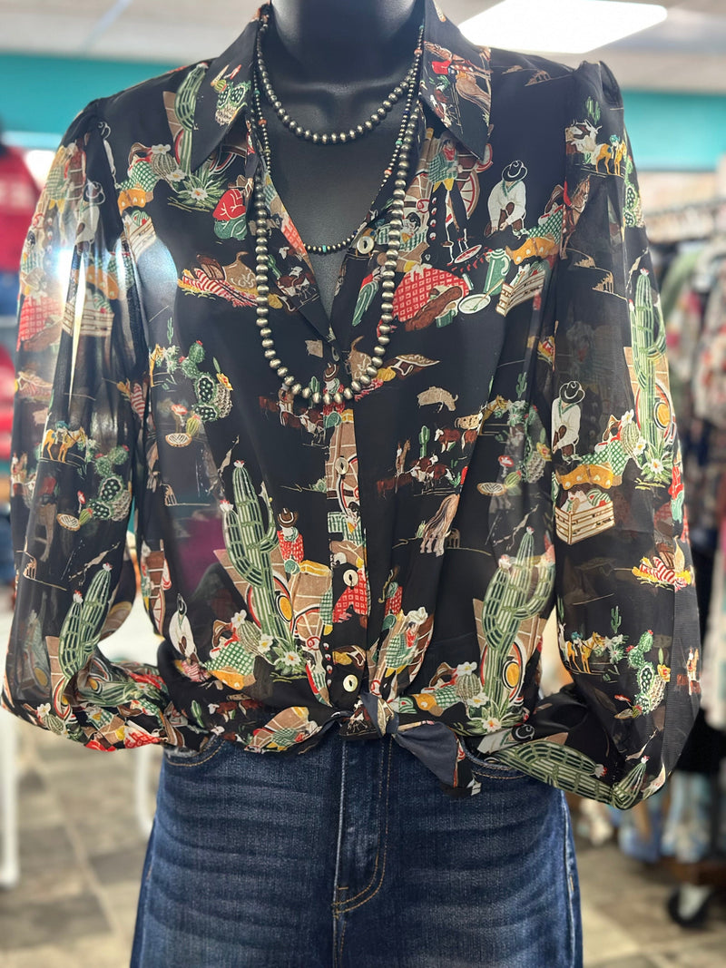 Shop Envi Me tops The Cowgirl Wagon Train Black Button Up Top