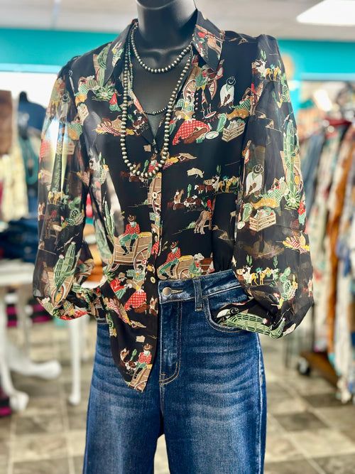 Shop Envi Me tops The Cowgirl Wagon Train Black Button Up Top