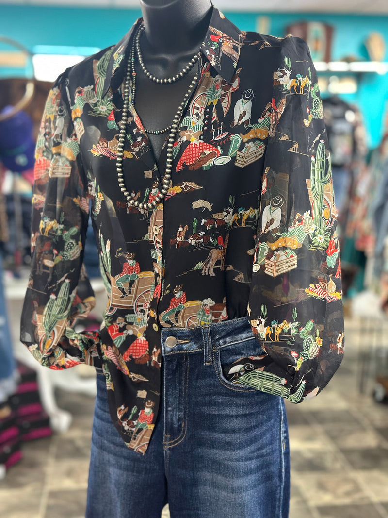 Shop Envi Me tops The Cowgirl Wagon Train Black Button Up Top