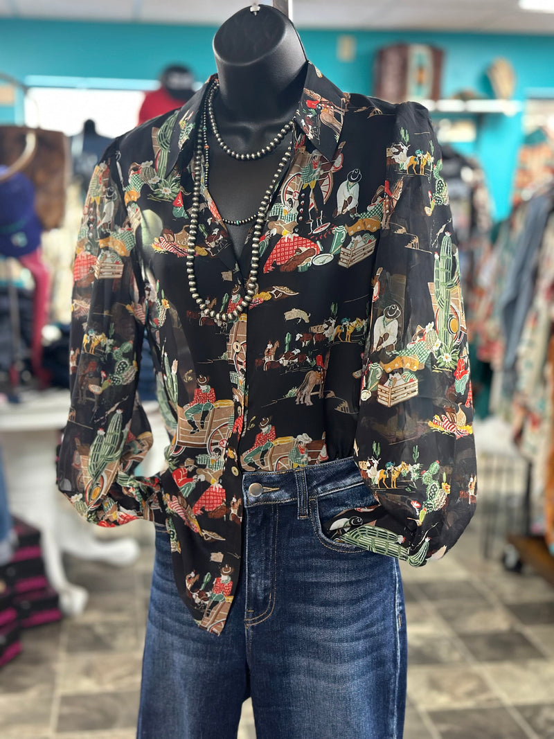 Shop Envi Me tops The Cowgirl Wagon Train Black Button Up Top