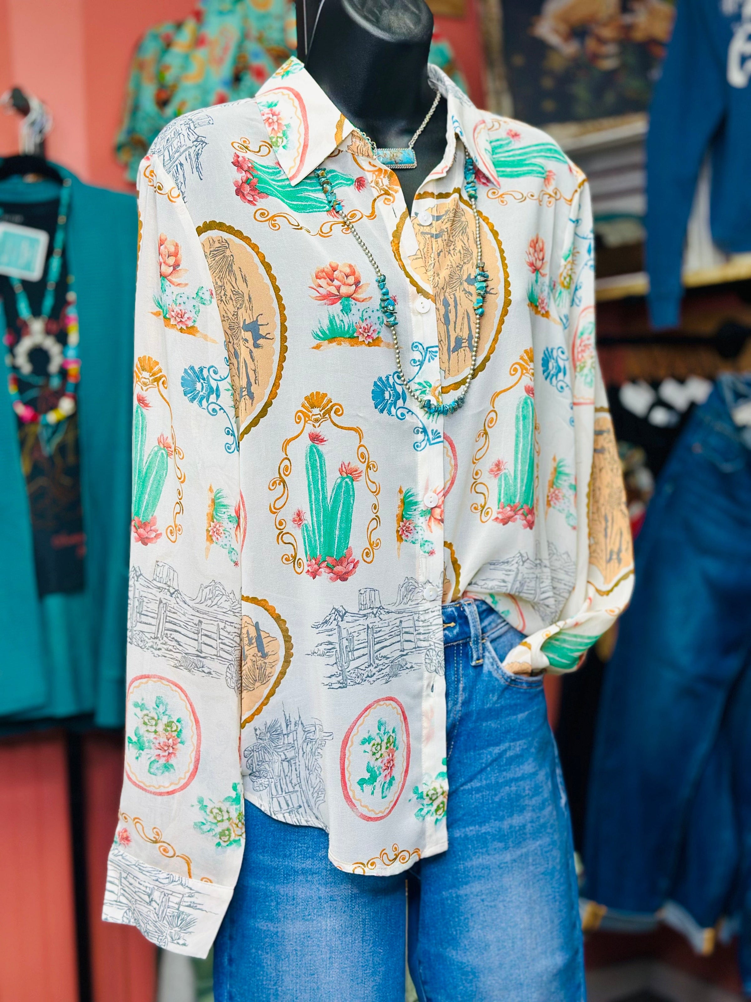 Shop Envi Me tops The Cowgirls In The Desert Cactus Button Up Top