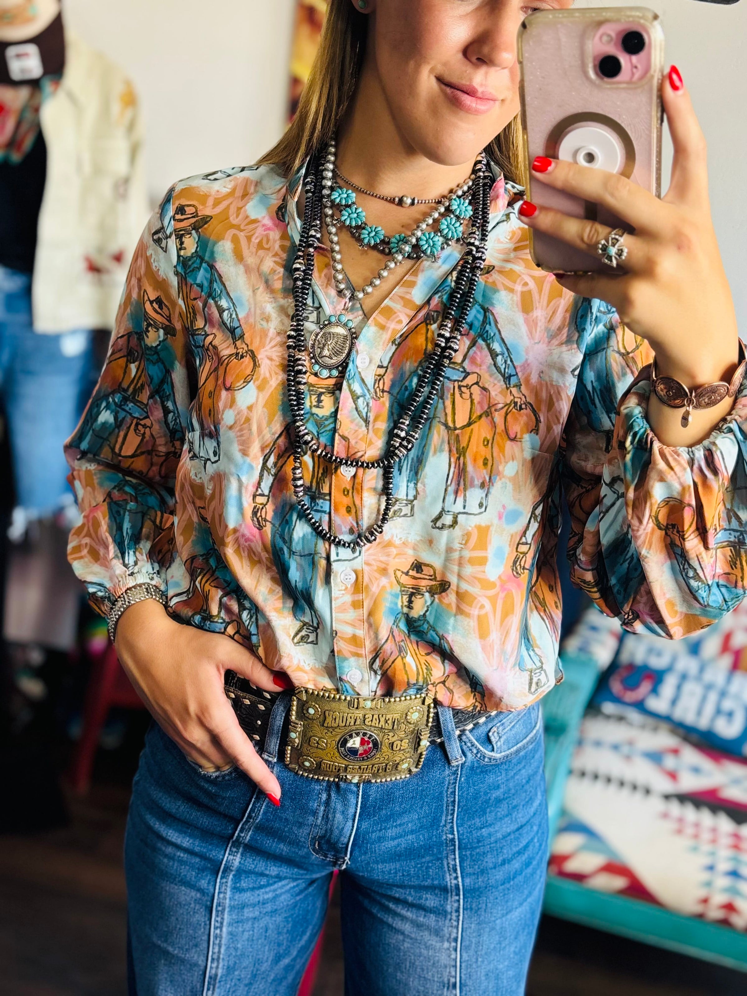 Shop Envi Me tops The Cowgirls In The West Mesh Button Up Top