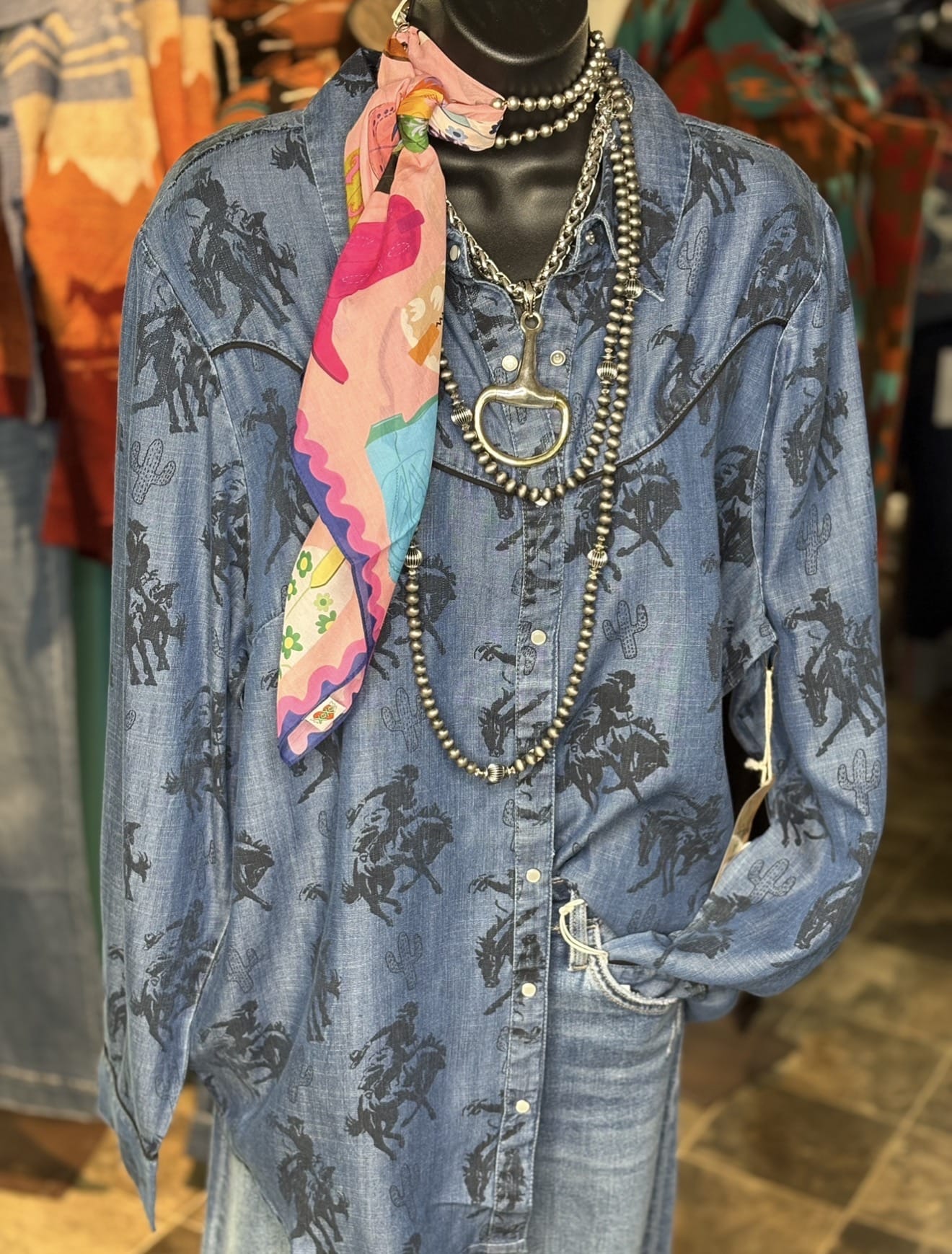 Shop Envi Me Tops and Tunics The Denim Betty Bronc Rider Cactus Button Up