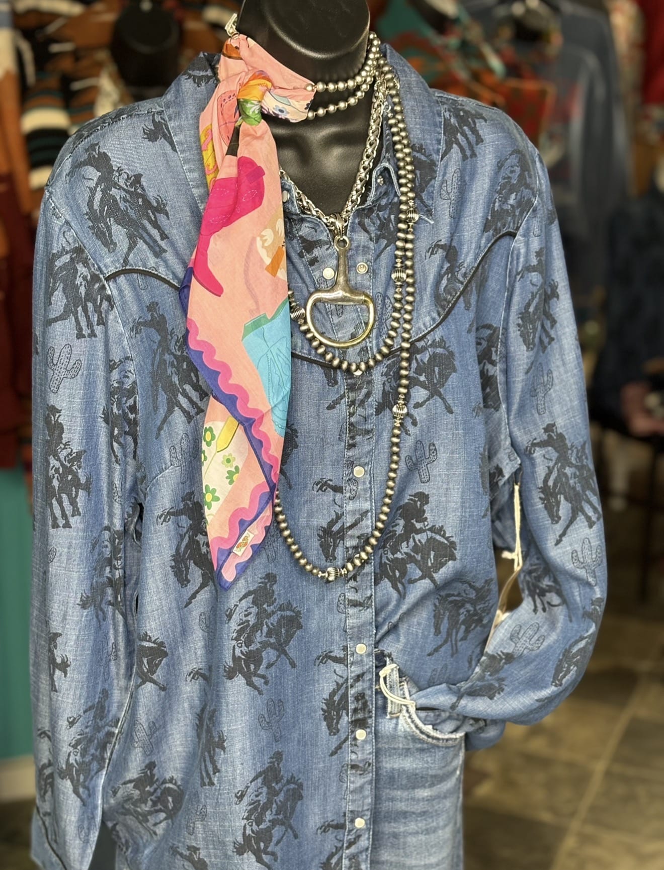 Shop Envi Me Tops and Tunics The Denim Betty Bronc Rider Cactus Button Up