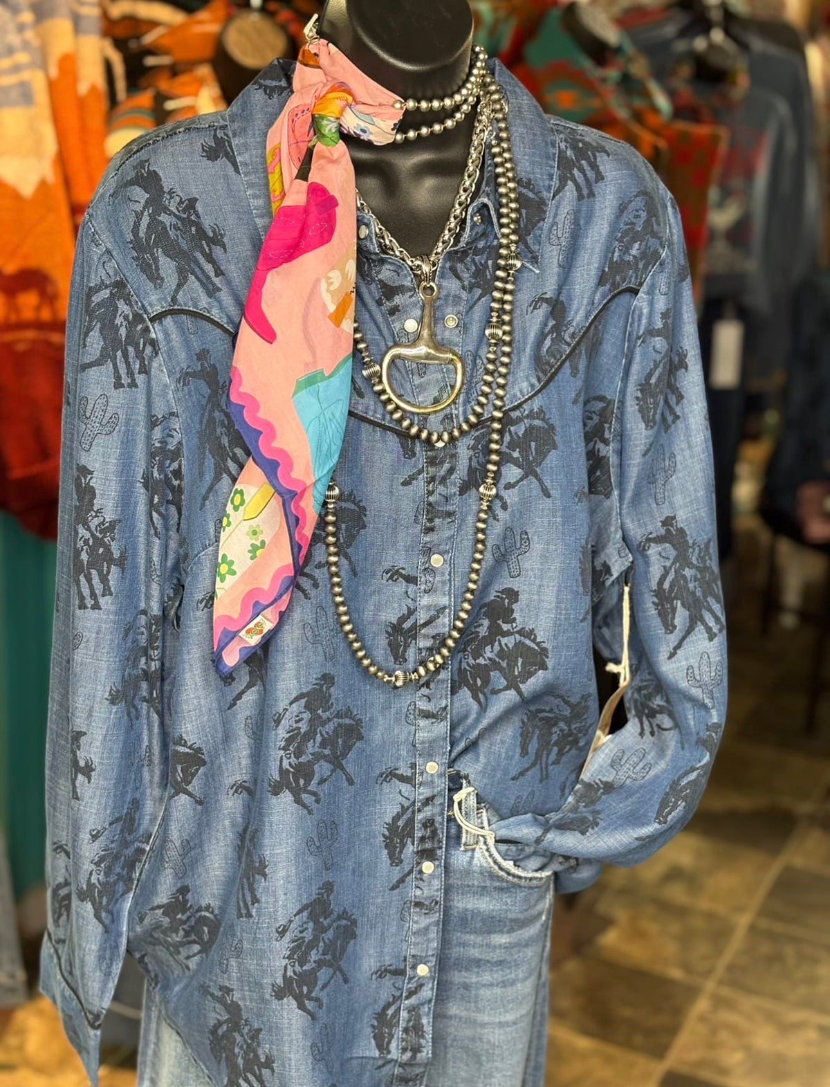 Shop Envi Me Tops and Tunics The Denim Betty Bronc Rider Cactus Button Up