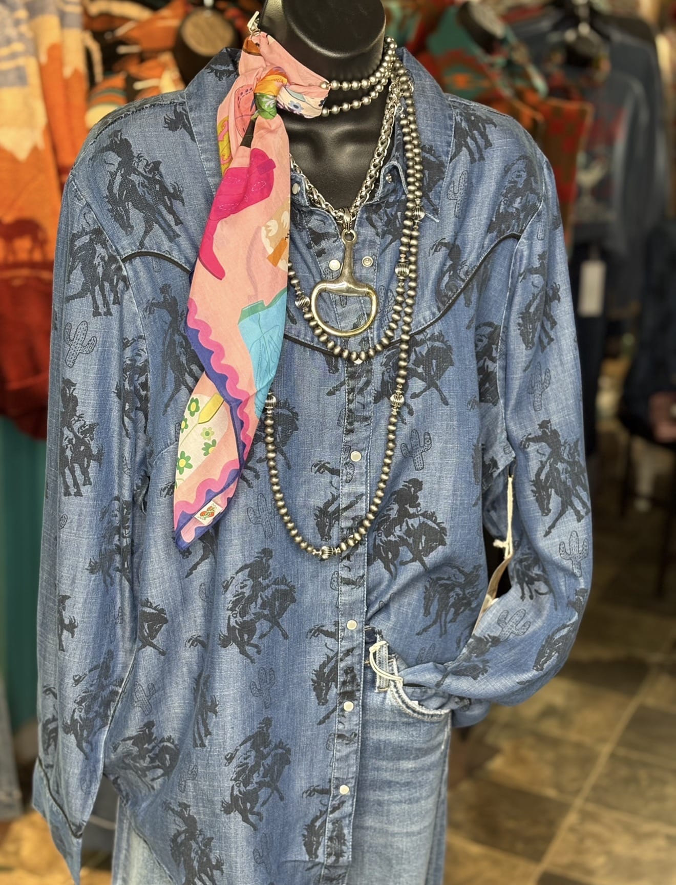 Shop Envi Me Tops and Tunics The Denim Betty Bronc Rider Cactus Button Up