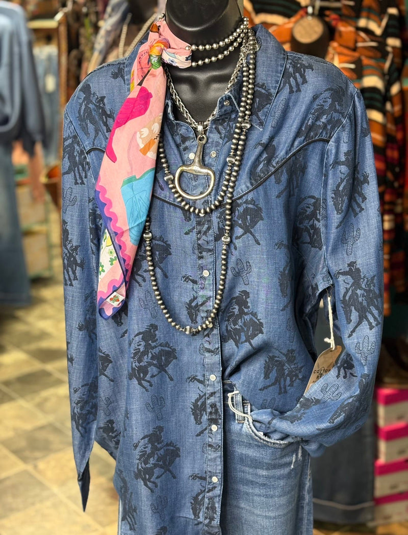 Shop Envi Me Tops and Tunics The Denim Betty Bronc Rider Cactus Button Up