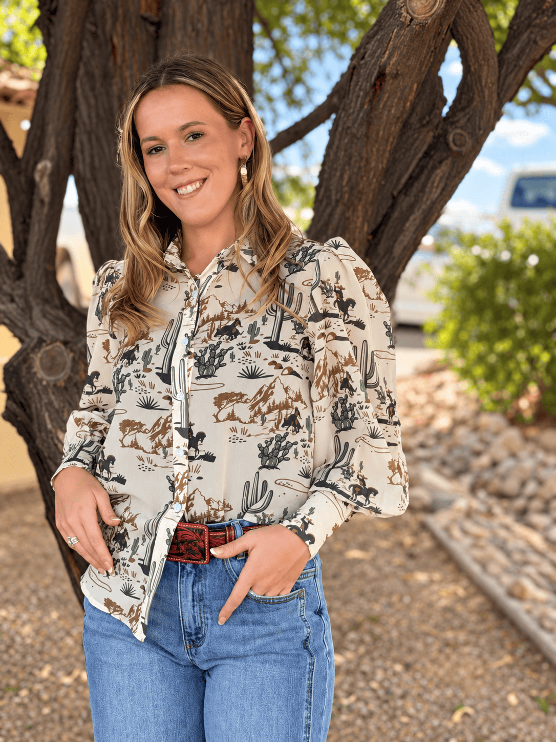 Shop Envi Me tops The Desert Cowgirl Cactus Chiffon Button Up Top