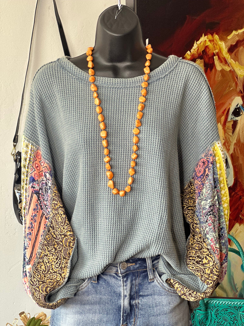 Shop Envi Me Tops and Tunics The Dusty Turquoise Autumn Flowers Long Sleeve Mixed Pattern Waffle Top