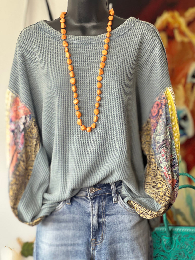 Shop Envi Me Tops and Tunics The Dusty Turquoise Autumn Flowers Long Sleeve Mixed Pattern Waffle Top