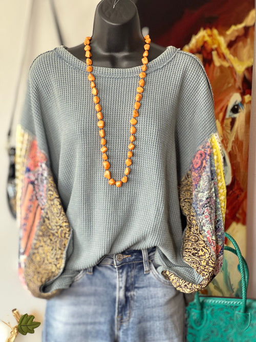 Shop Envi Me Tops and Tunics The Dusty Turquoise Autumn Flowers Long Sleeve Mixed Pattern Waffle Top