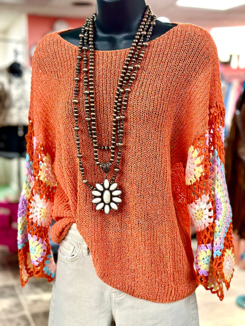 Shop Envi Me Tops and Tunics The El Apricot Sonora Granny Crochet Sleeve Top
