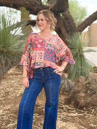 Shop Envi Me Tops and Tunics The Fall Floral Boho Patchwork V Neck Ruffle Top