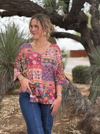 Shop Envi Me Tops and Tunics The Fall Floral Boho Patchwork V Neck Ruffle Top