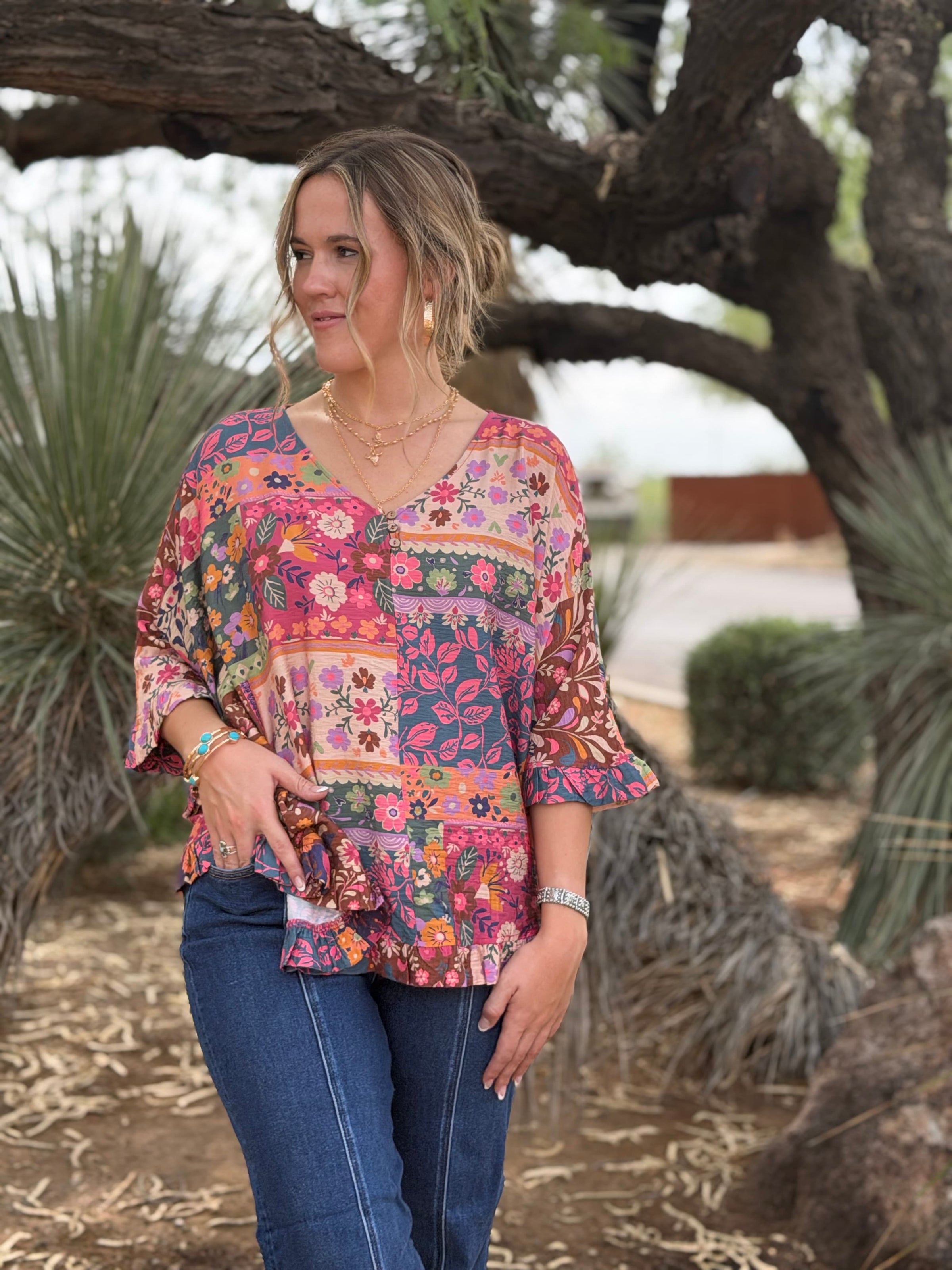 Shop Envi Me Tops and Tunics The Fall Floral Boho Patchwork V Neck Ruffle Top