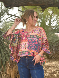Shop Envi Me Tops and Tunics The Fall Floral Boho Patchwork V Neck Ruffle Top