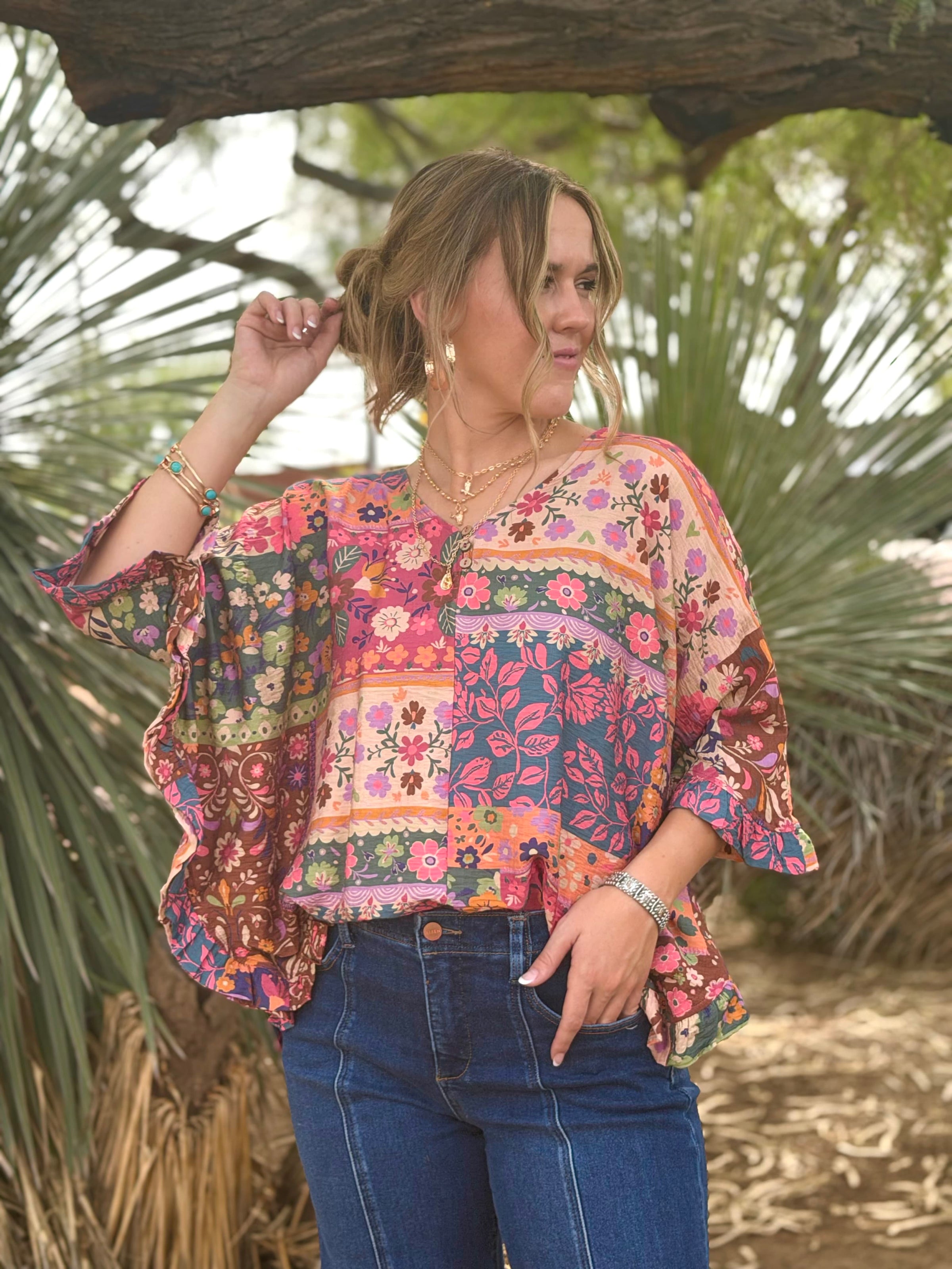 Shop Envi Me Tops and Tunics The Fall Floral Boho Patchwork V Neck Ruffle Top