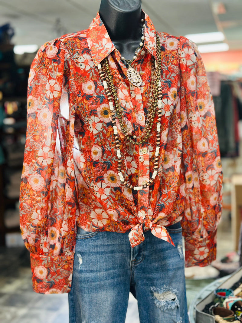 Shop Envi Me tops The Fall Floral Button Chiffon Up Top