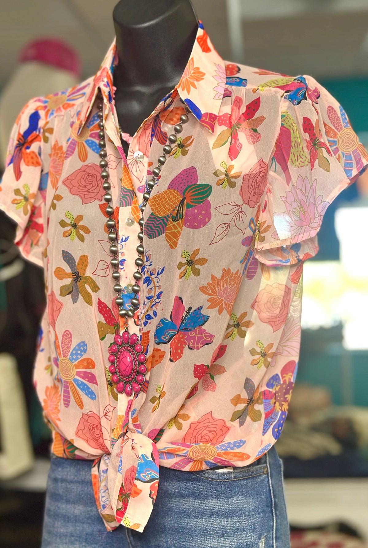 The Spring Floral Flutter Sleeve Top L