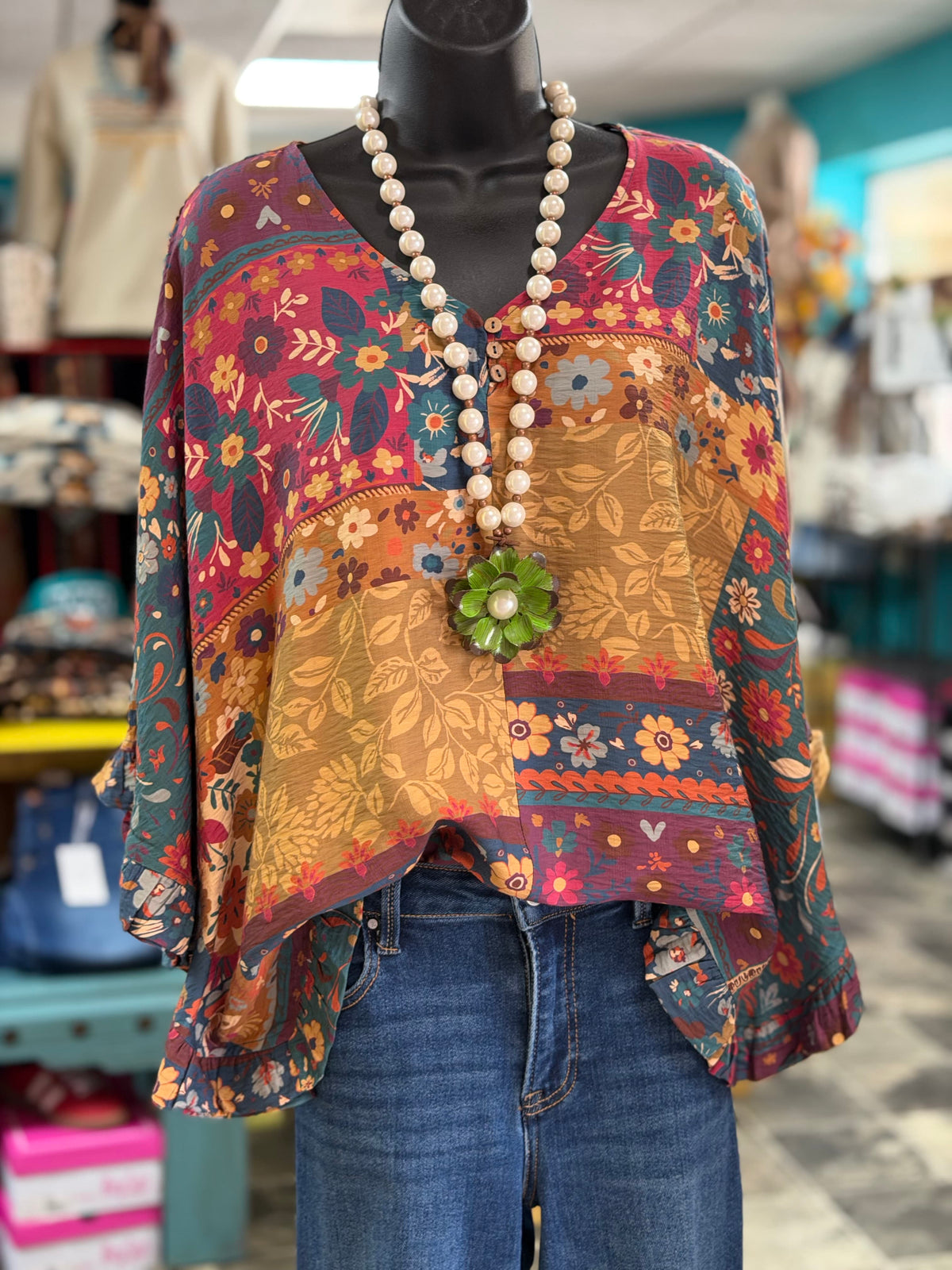 Shop Envi Me Tops and Tunics The Fall In  Floral Boho Patchwork V Neck Ruffle Top