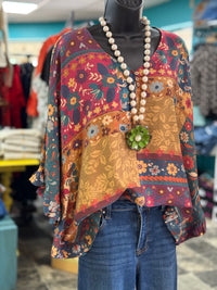 Shop Envi Me Tops and Tunics The Fall In  Floral Boho Patchwork V Neck Ruffle Top