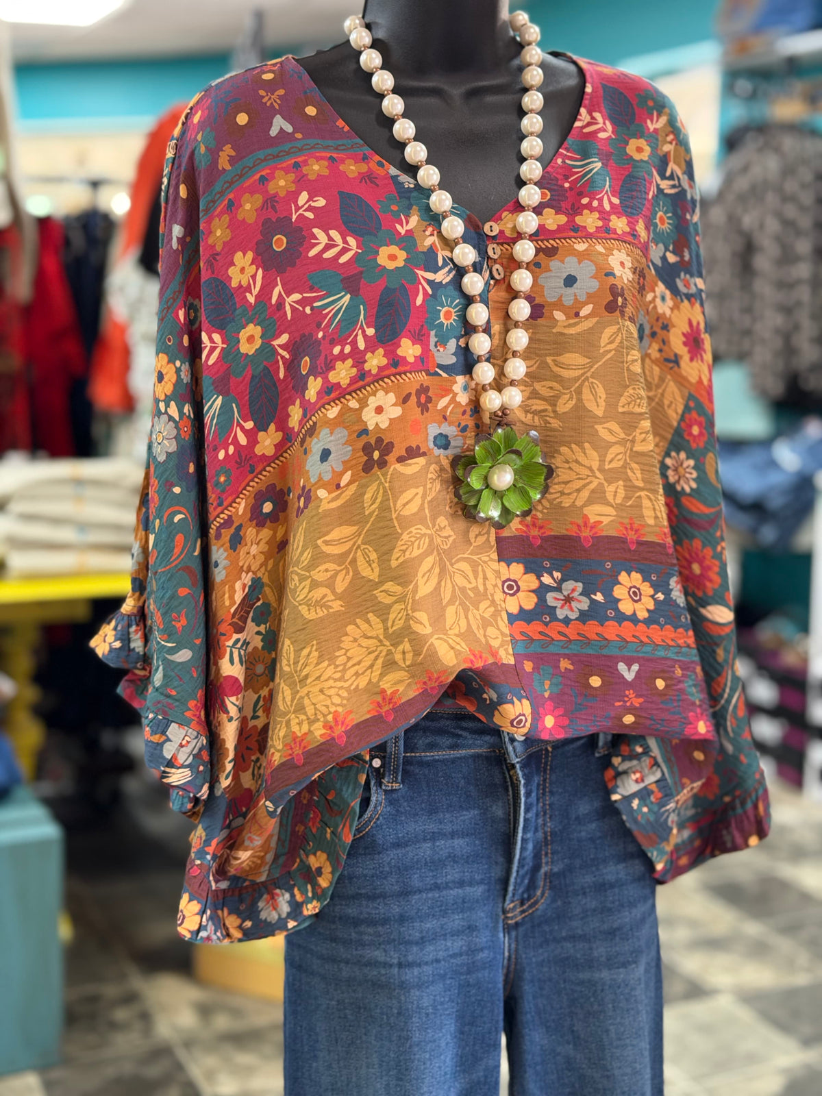 Shop Envi Me Tops and Tunics The Fall In  Floral Boho Patchwork V Neck Ruffle Top