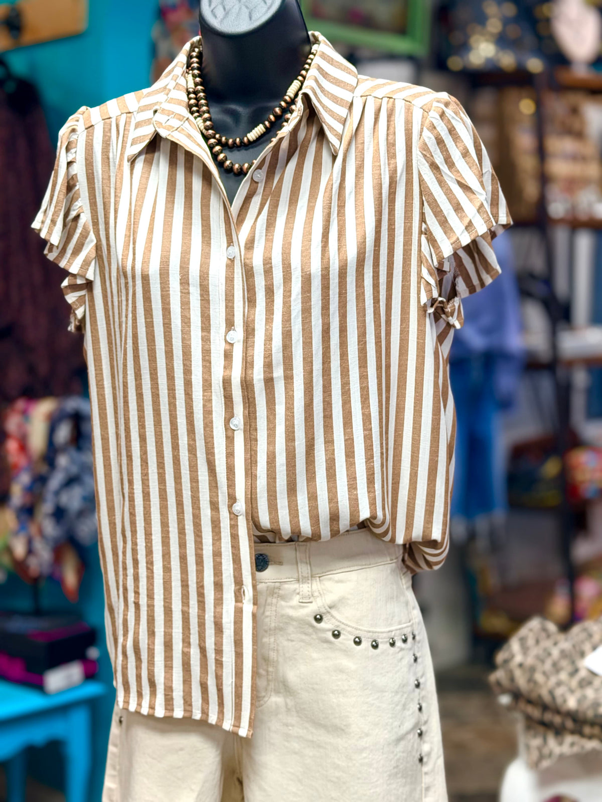 Shop Envi Me Tops and Tunics The Fall Stripes On The Ranch Cowboy Flutter Sleeve Top