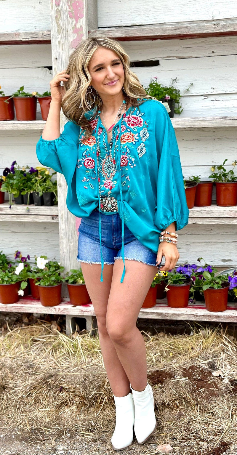 Shop Envi Me Tops and Tunics The Gorgeous Turquoise Satin Embroidered Top
