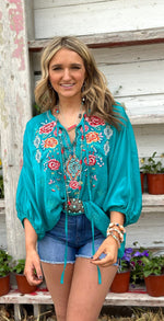 Shop Envi Me Tops and Tunics The Gorgeous Turquoise Satin Embroidered Top