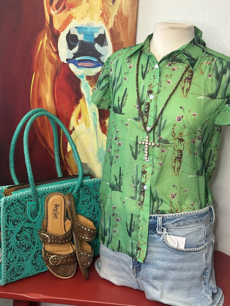 Shop Envi Me Tops and Tunics The Green Desert Cactus 🌵 Flutter Sleeve Top