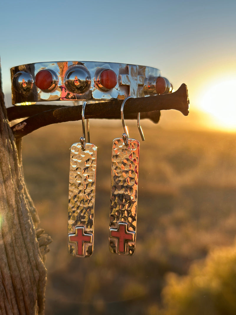 Shop Envi Me Earrings Sterling The Hammered Sterling Silver & Coral Cross Bracelet & Earring Set