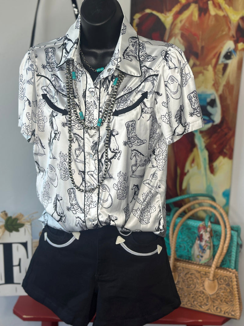 Shop Envi Me Sale The Horses, Boots & Cactus Retro Western Satin Top