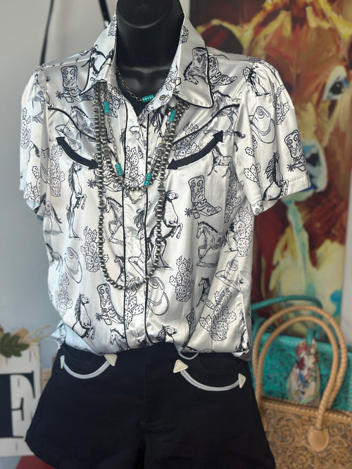 Shop Envi Me Sale The Horses, Boots & Cactus Retro Western Satin Top