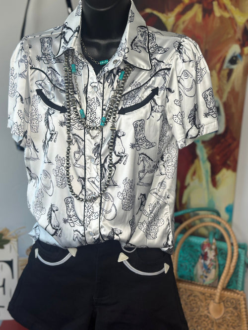 Shop Envi Me Sale The Horses, Boots & Cactus Retro Western Satin Top