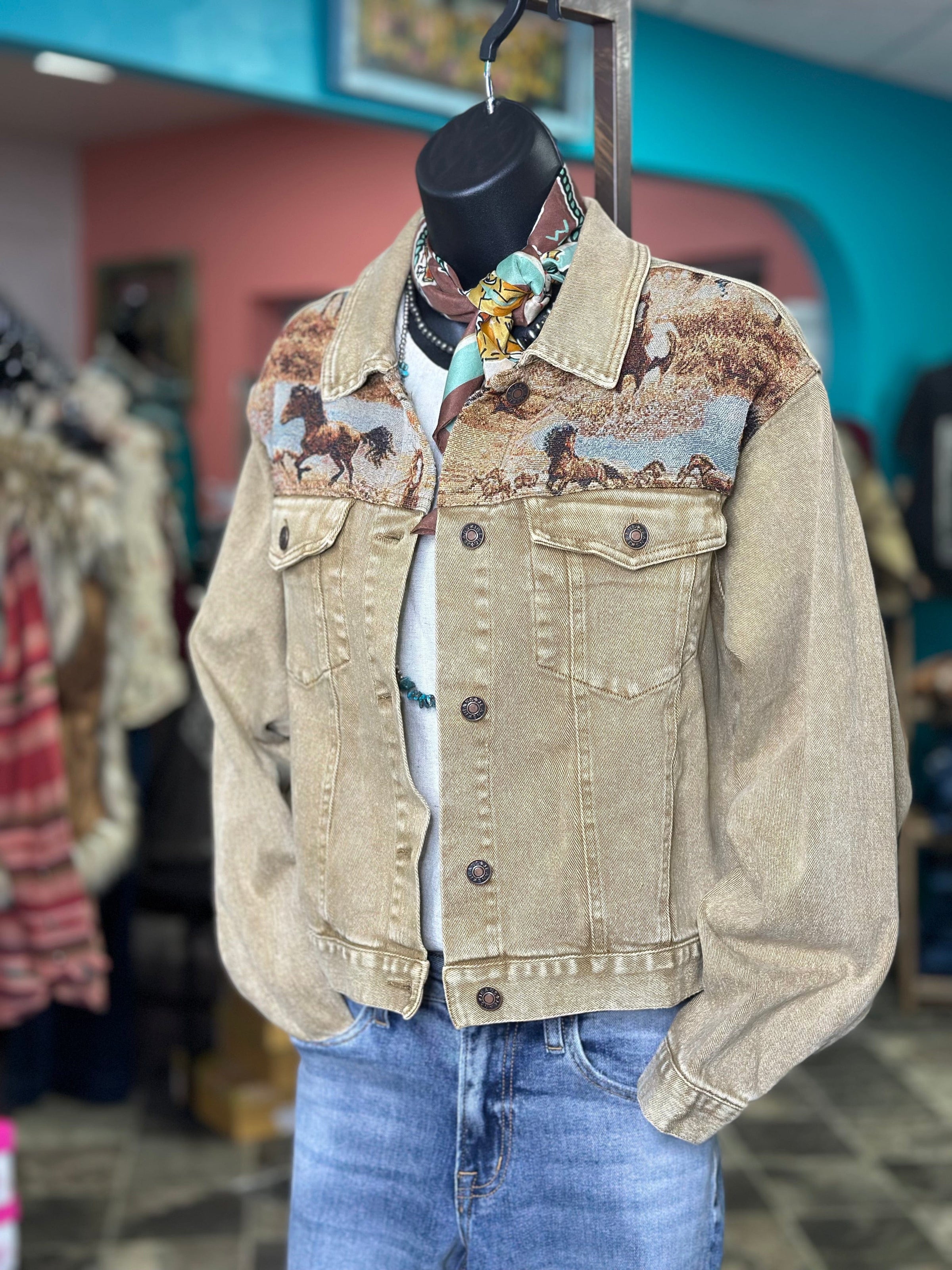 Shop Envi Me Tops and Tunics The Jacquard Running Horse Denim Jacket