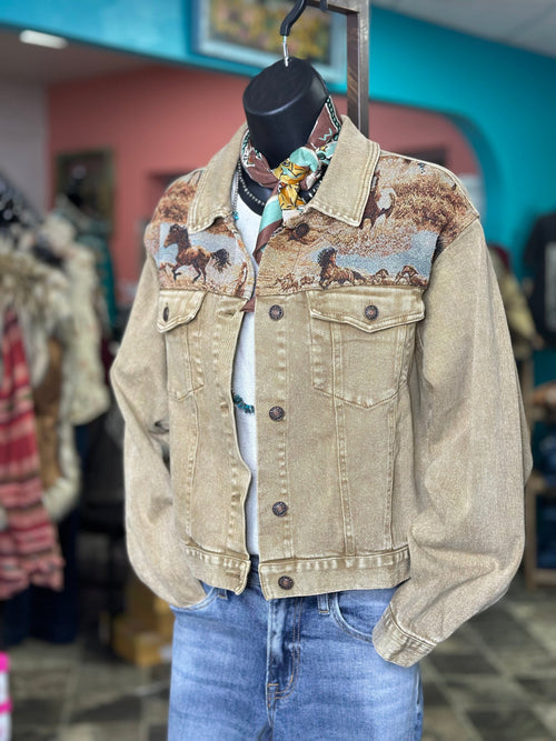 Shop Envi Me Tops and Tunics The Jacquard Running Horse Denim Jacket