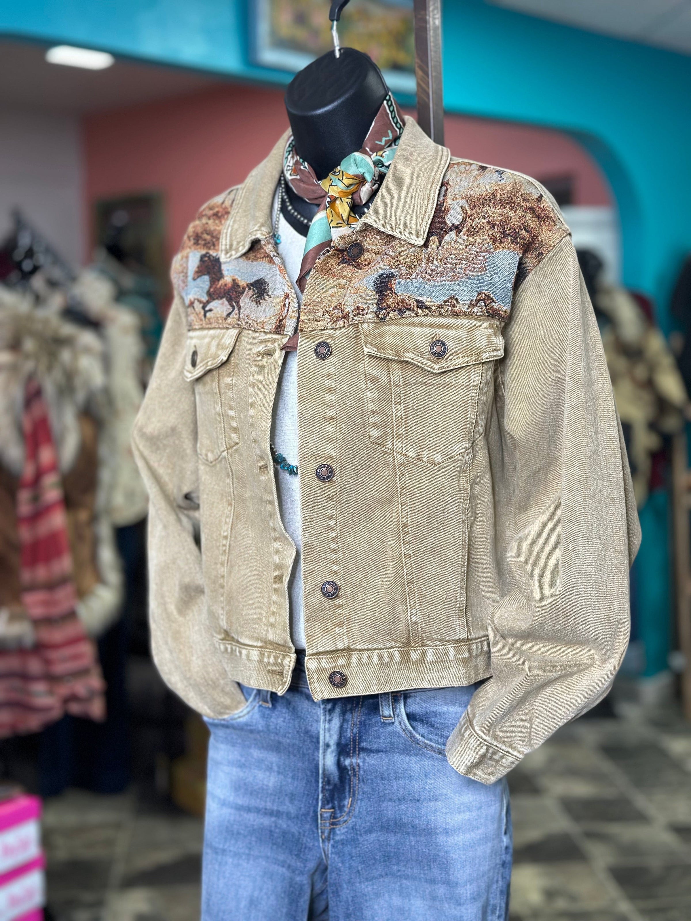 Shop Envi Me Tops and Tunics The Jacquard Running Horse Denim Jacket
