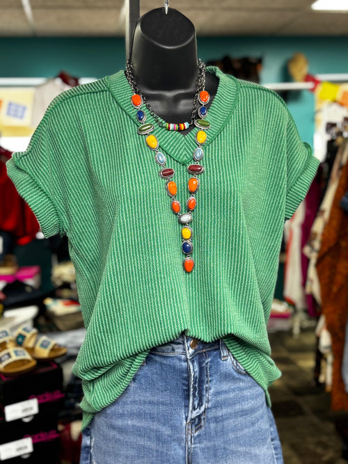 Shop Envi Me Tops and Tunics The Kelly Green Moonlight Corded V Neck Top