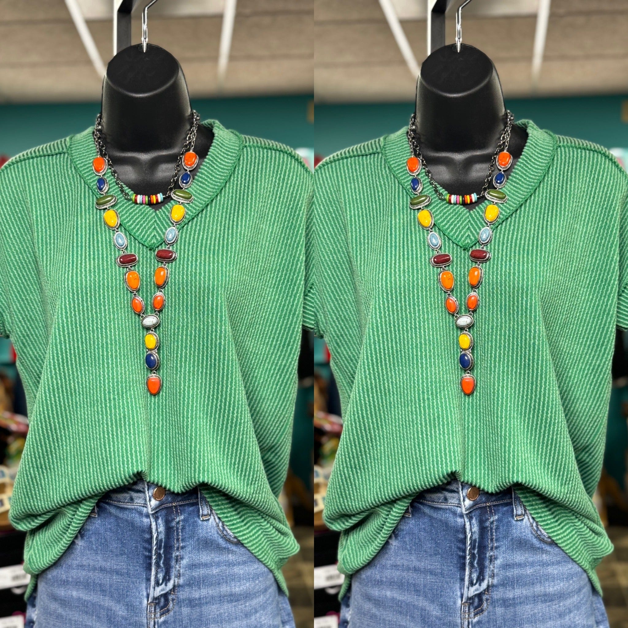 Shop Envi Me Tops and Tunics The Kelly Green Moonlight Corded V Neck Top