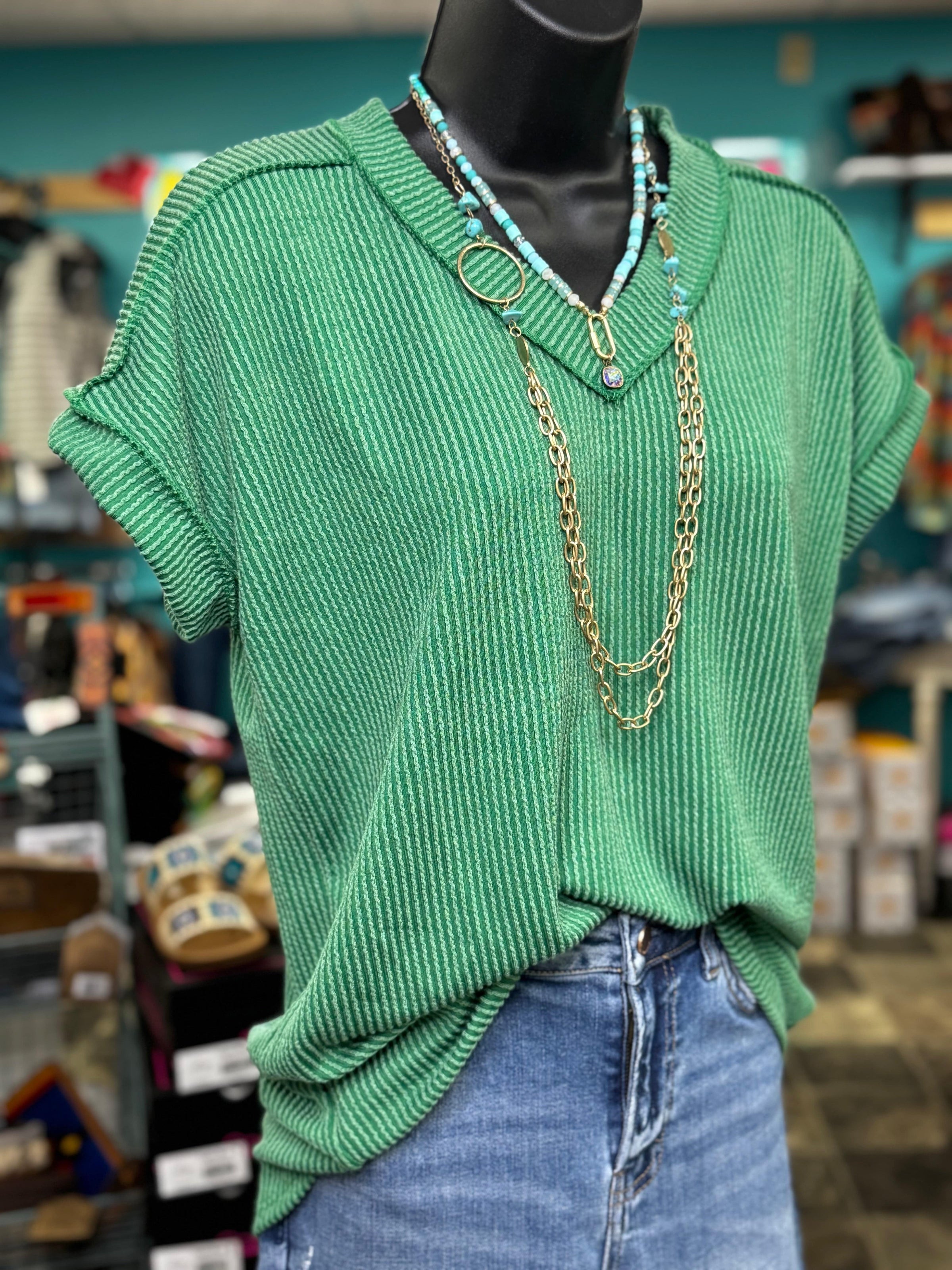 Shop Envi Me Tops and Tunics The Kelly Green Moonlight Corded V Neck Top