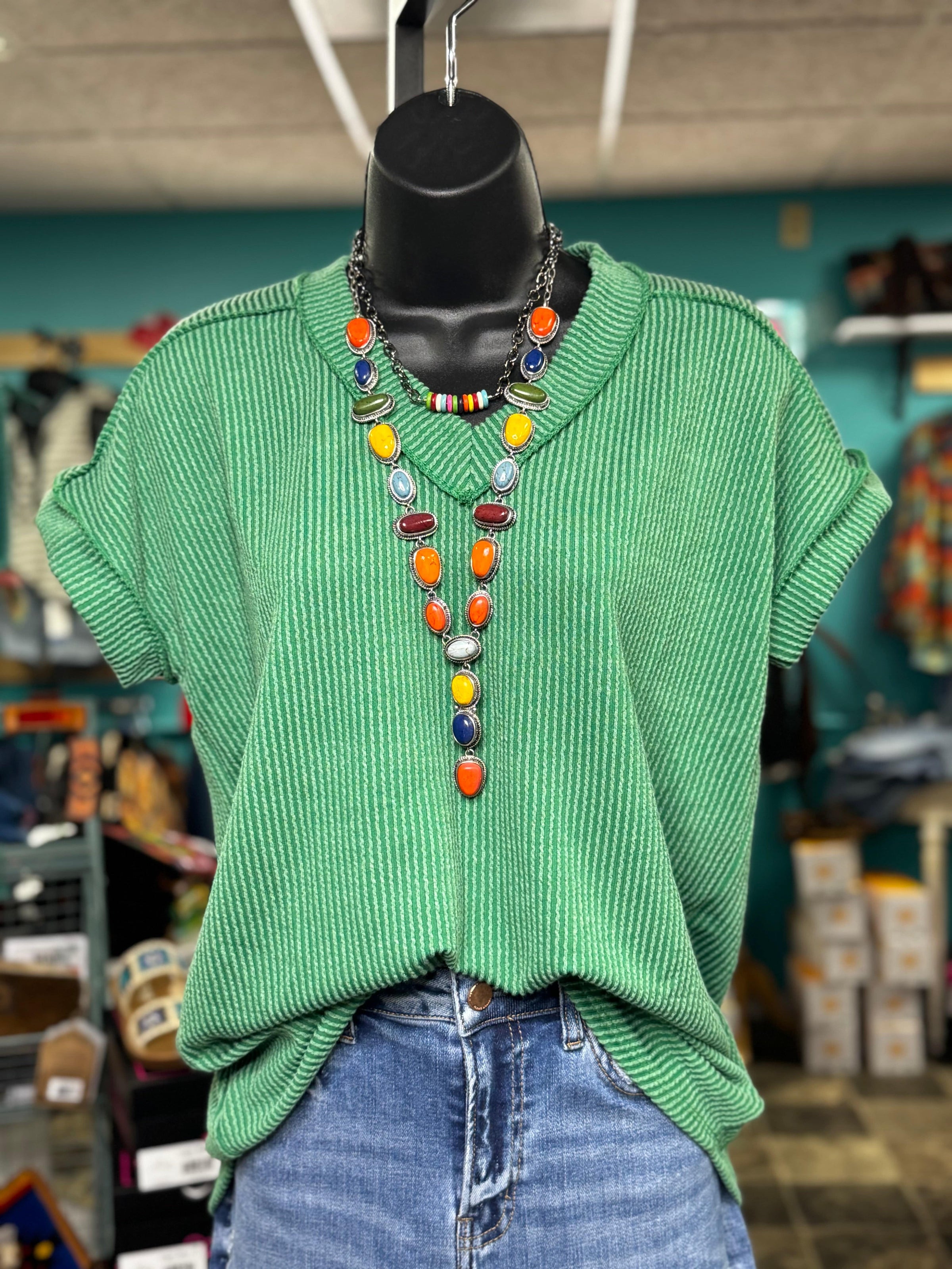 Shop Envi Me Tops and Tunics The Kelly Green Moonlight Corded V Neck Top